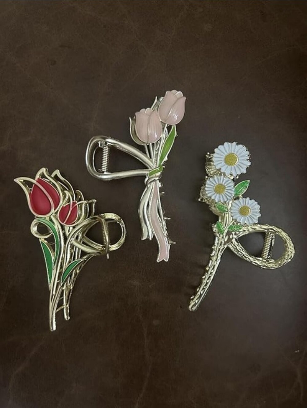 3 Pc Gold Floral Hair Clips Set - Daisy & Tulip - Picture 4 of 4